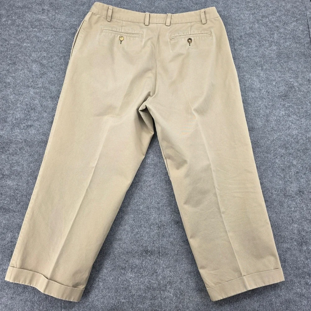 Orvis Mens 42 Pleated Khaki Chino Pants Heavy Cotton Twill Cuffed Tan Tailored